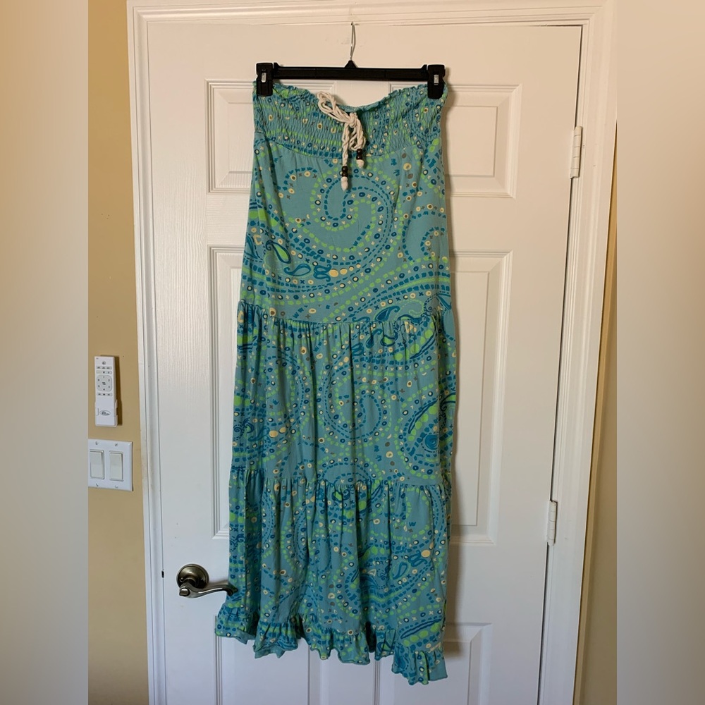 Decree Strapless Tiered Maxi Sundress, Blue and Green, Size S